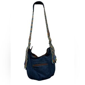 Macoly Blue Denim Shoulder Bag with Multicolor Strap